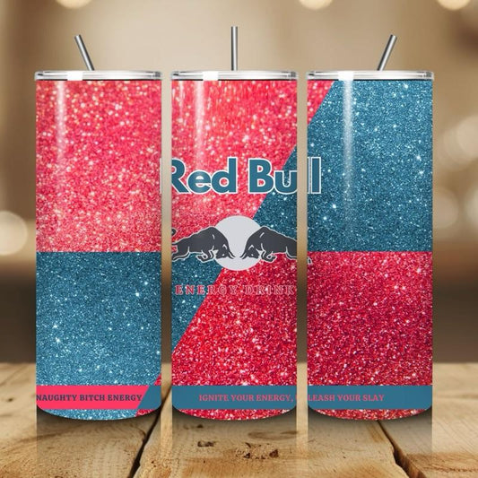 Red bull tumbler 20oz - pink glitter style ‘naughty bitch energy’ ‘unleash your slay’ perfect for on-the-go hydration - vacuum flask