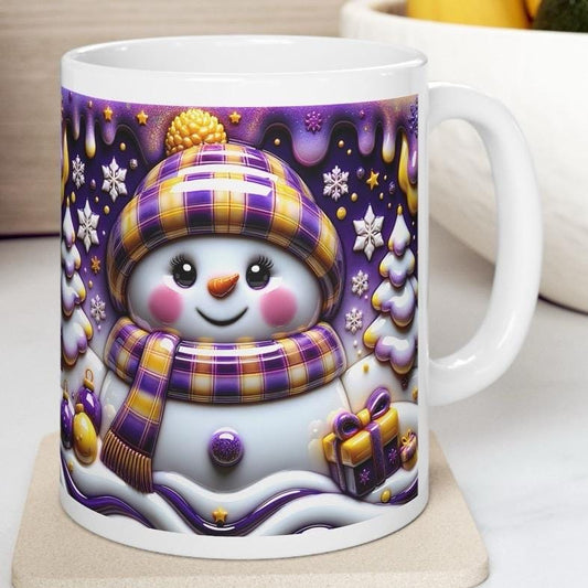 3d snowman christmas mug – festive holiday cup with cosy purple and gold accents, ideal for christmas gifting! drinkware tumbler reusable