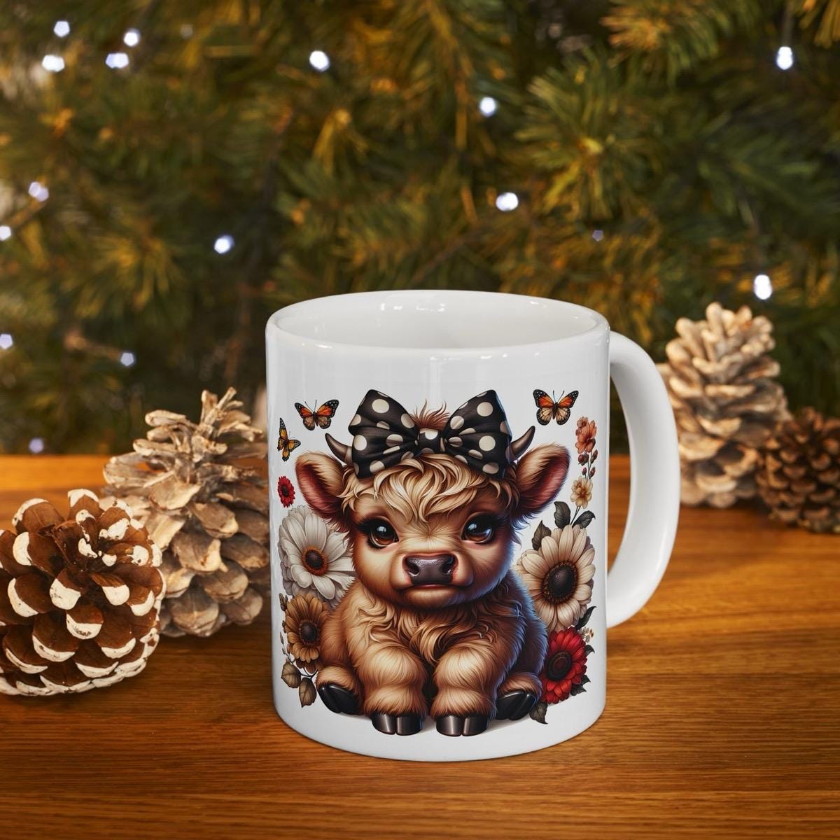 Highland cow 3d mug with bow for coffee and tea - cup, drinkware tumblers ceramic bottles washable reusable reuse xmas mugs festive cute gir