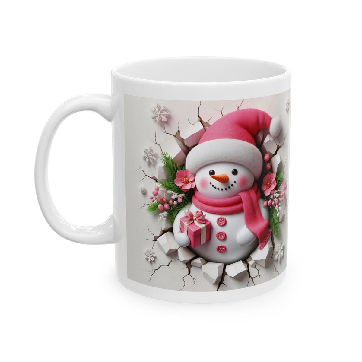 Christmas pink snowman 3d mug - festive drinkware for the holidays - cup tumblers reusable washable reuse ceramic coffee xmas mugs tea class