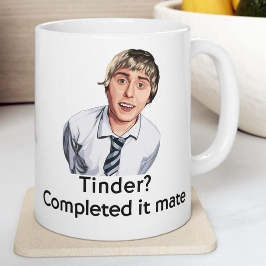 Funny mug - inbetweeners tinder completed it mate mug - funny inbetweeners jay cartwright gift coffee mug drinkware washable reusable tumble
