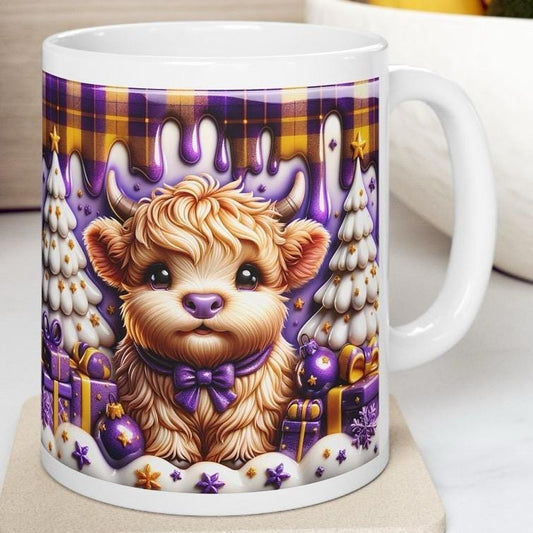3d purple highland cow christmas mug – adorable festive design with candy accents, perfect for holiday gifting! drinkware washable reusabl