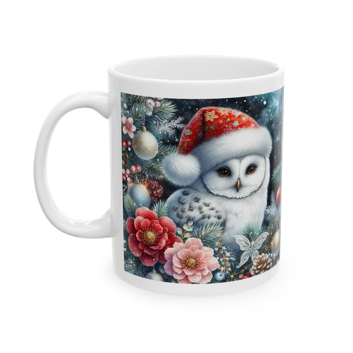 Cute white owl christmas mug - perfect for hot drinks - drinkware, cup tumblers reusable washable coffee ceramic reuse xmas mugs tea festive