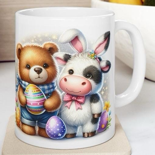 Easter cow bear mug - cute gift - perfect for hot drinks - drinkware, tumblers cup bottles reusable washable portable reuse ceramic coffee e