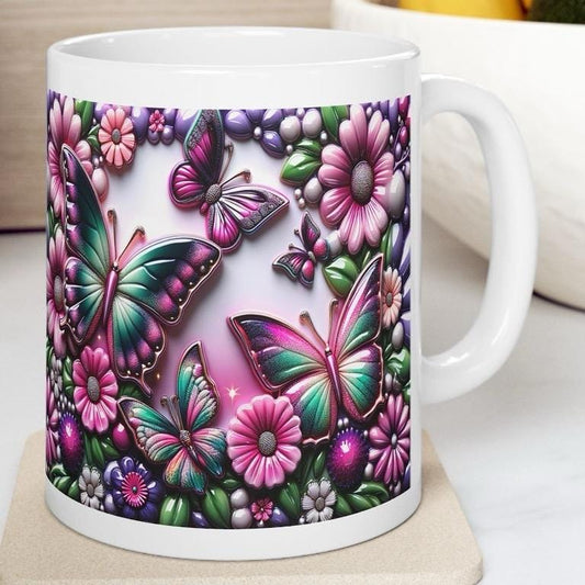 3d mug with emerald green and pink butterfly flower design - drinkware, cup tumbler washable ceramic reusable coffee reuse xmas mugs tea