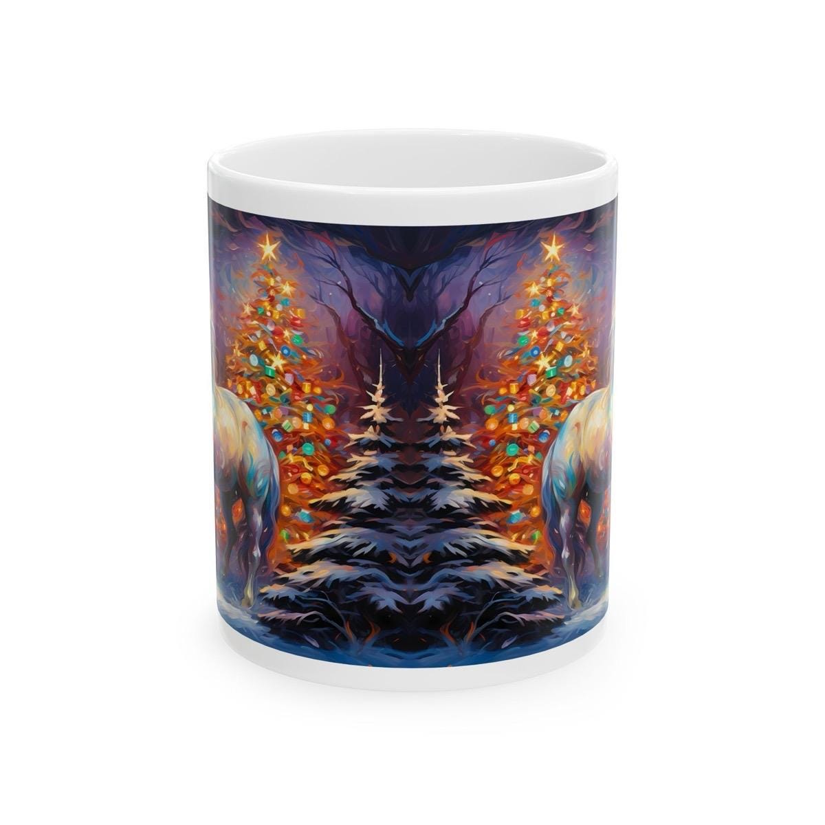 Winter multicoloured horse mug - festive secret santa stocking filler gift drinkware washable reuse tumbler cup ceramic reusable coffee xmas
