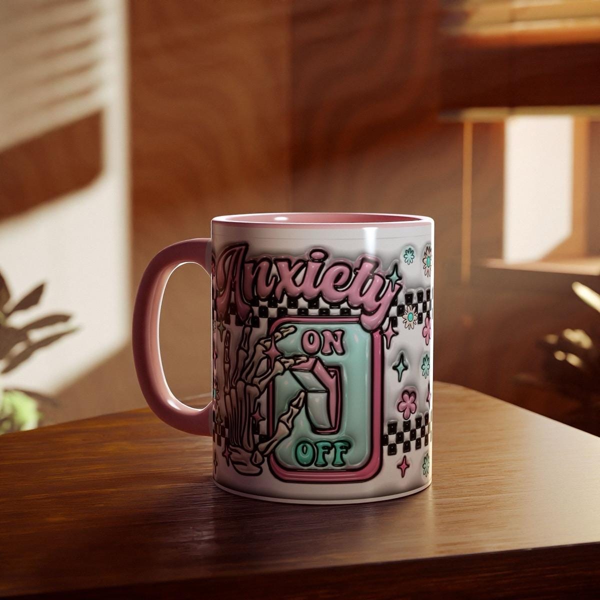 Funny cute anxiety mug with pink handle and interior - perfect for anxiety relief drinkware cup tumbler reusable reuse washable ceramic coff